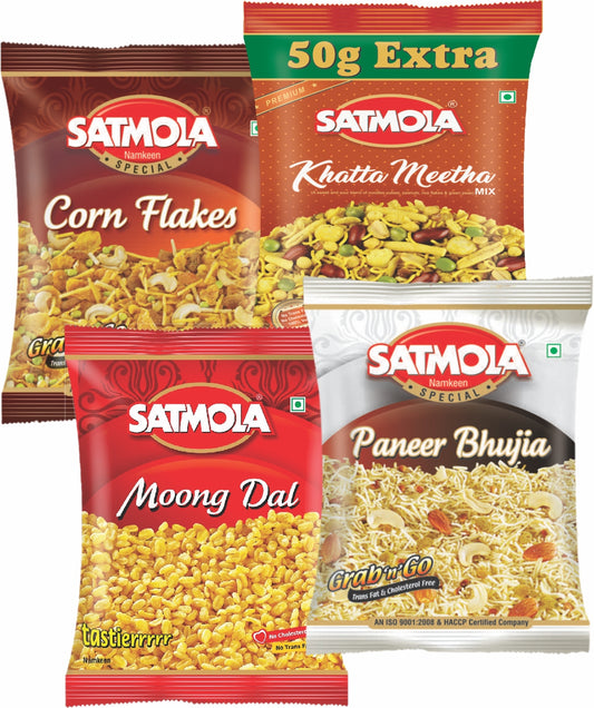 Satmola Namkeen Medley: Combo Pack - Paneer Bhujia 150g + Moong Dal 200g + Cornflakes Mix 175g + Khatta Meetha 200g