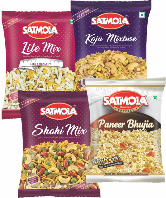 Satmola Savor the Variety: Namkeen Combo Pack - Paneer Bhujia 150g + Kaju Mix 125g + Shahi Mix 150g + Lite Mix 160g