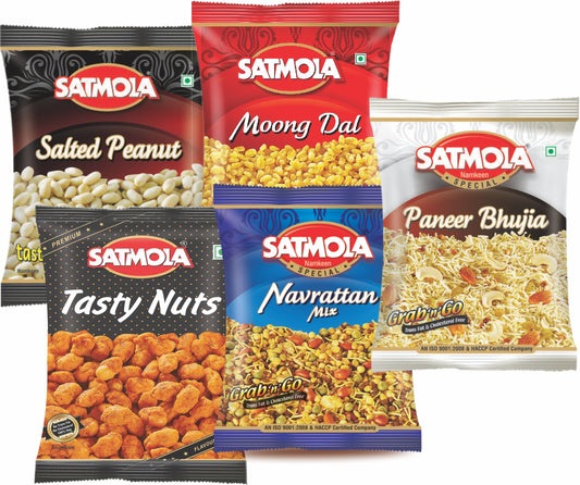 Satmola Snack Lovers' Paradise: Namkeen Combo Pack - Paneer Bhujia 150g + Moong Dal 200g + Salted Peanut 150g + Tasty Nuts 200g + Navrattan Mix 200g