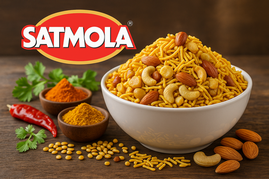 “Fresh and healthy Satmola Namkeens in a bowl with spices and nuts, hygienically prepared Indian snacks