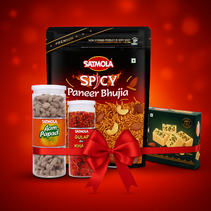 SATMOLA Festive Combo - SPICY PANEER BHUJIA 400g, SOAN PAPDI 400g, DIGESTIVE AAM PAPAD 220g, GULAB MOUTH FRESHENER 200g