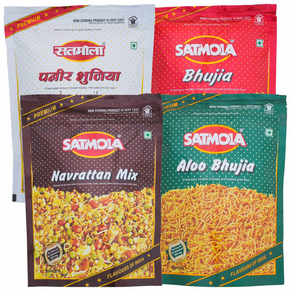 Satmola Flavorful Crunch: Namkeen Combo Pack - Paneer Bhujia 300g + Bikaneri Bhujia 450g + Aloo Bhujia 450g + Navratan 450g