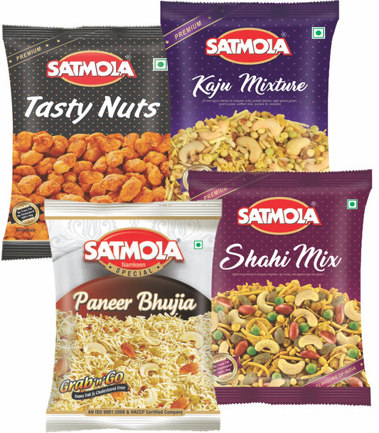 Satmola Exquisite Namkeen Medley: Namkeen Combo Pack - Paneer Bhujia 150g + Kaju Mix 125g + Shahi Mix 150g + Tasty Nuts 200g