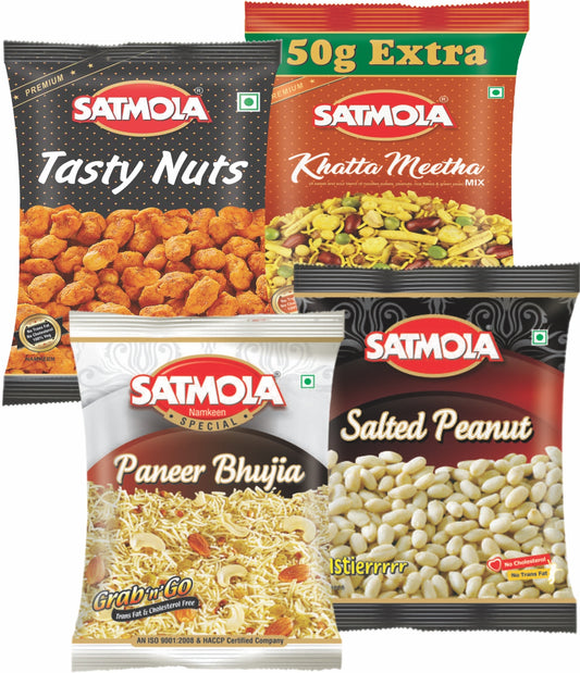 Satmola Delicious Variety: Namkeen Combo Pack - Tasty Nuts 200g + Salted Peanut 150g + Paneer Bhujia 150g + Khata Meetha 200g