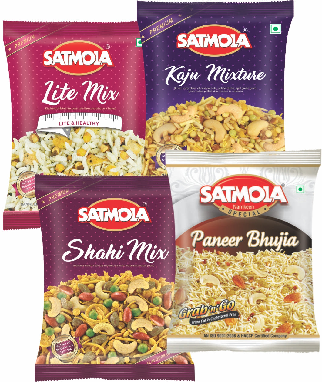 Satmola Savor the Variety: Namkeen Combo Pack - Paneer Bhujia 150g + Kaju Mix 125g + Shahi Mix 150g + Lite Mix 160g