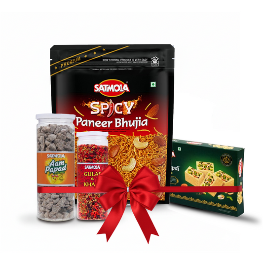 SATMOLA Festive Combo - SPICY PANEER BHUJIA 400g, SOAN PAPDI 400g, DIGESTIVE AAM PAPAD 220g, GULAB MOUTH FRESHENER 200g