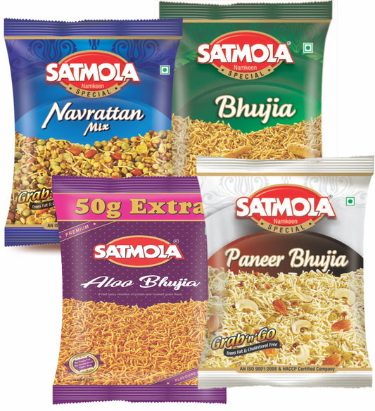 Satmola Flavorful Fusion: Combo Pack - Paneer Bhujia 150g, Bikaneri Bhujia 200g, Aloo Bhujia 200g, Navrattan Mix 200g