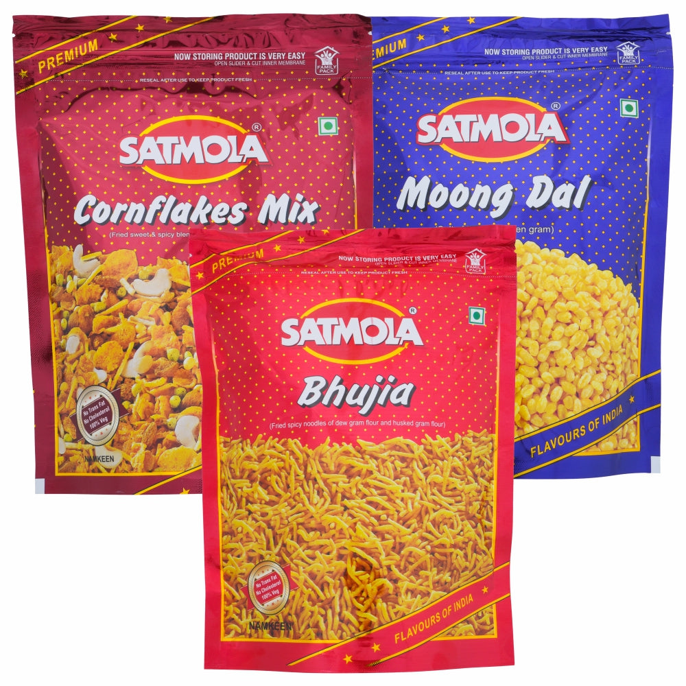 Satmola Flavorful Crunch: Namkeen Combo Pack - Cornflakes Mix 300g + Moong Dal 350g + Bikaneri Bhujia 400g