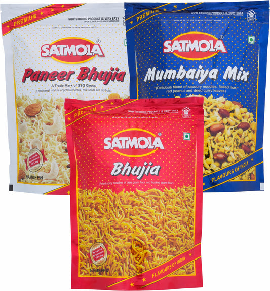 Satmola Flavorful Trio: Namkeen Combo Pack - Paneer Bhujia 300g + Bikaneri Bhujia 400g + Mumbaiya Mix 425g