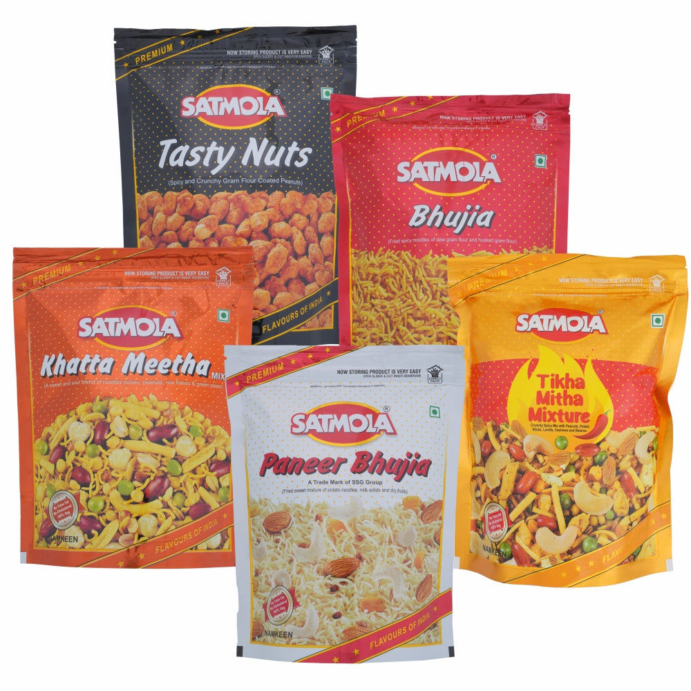 Satmola Indian Snack Mix - Tasty Nuts(400g), Bhujia(400g), Khatta Meetha(400g), Thikha Mitha(400g), Paneer Bhujia(300g) - (Pack of 5)