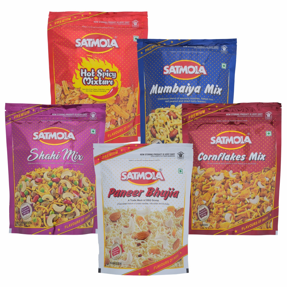 Satmola Namkeen Combo Hot Spicy + Shahimix + Mumbaiyamix + Paneer Bhujia + Cornflakes