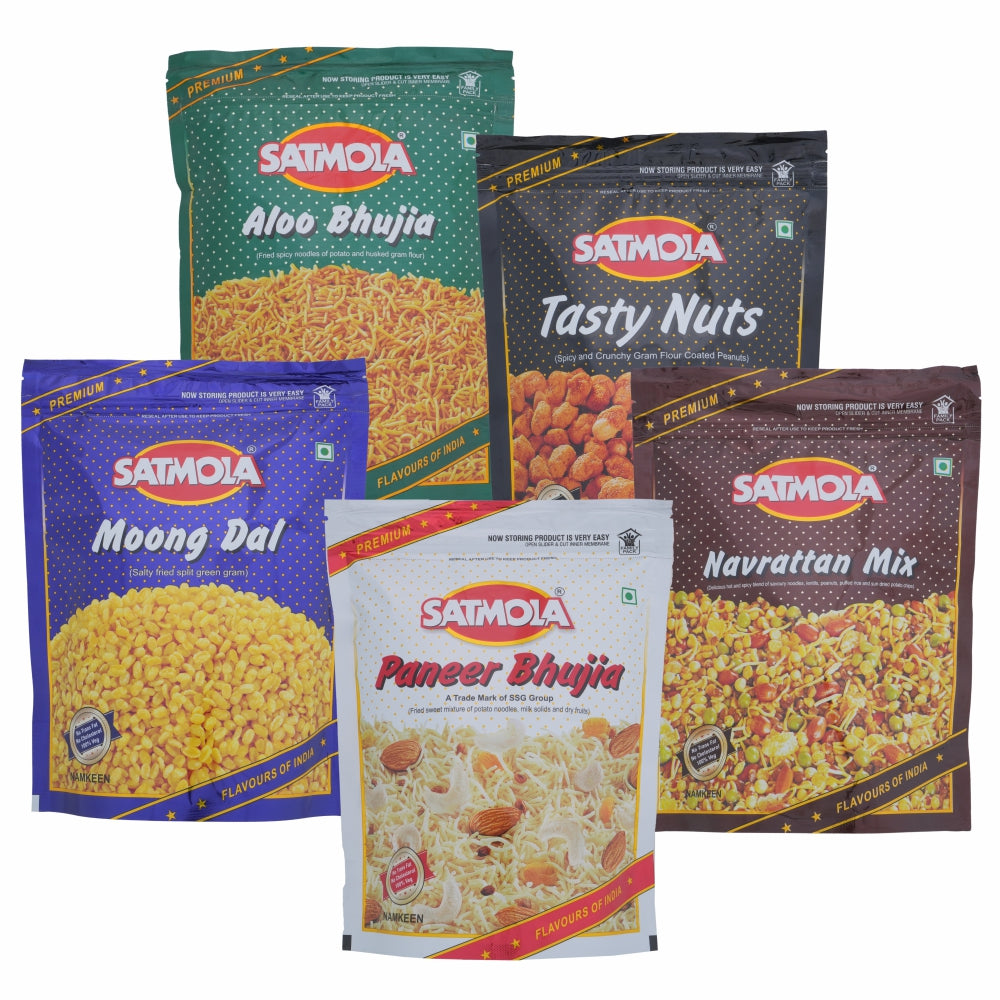 Satmola Combo Pack -Tasty Nuts+Aloo Bhujia + Navrattan Mix + Moong Daal + Paneer Bhujia