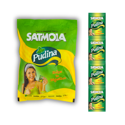Satmola Pudina Digestive Tablets pack - Convenient pocket-sized pack with 4 refreshing mint tablets for on-the-go digestive relief.