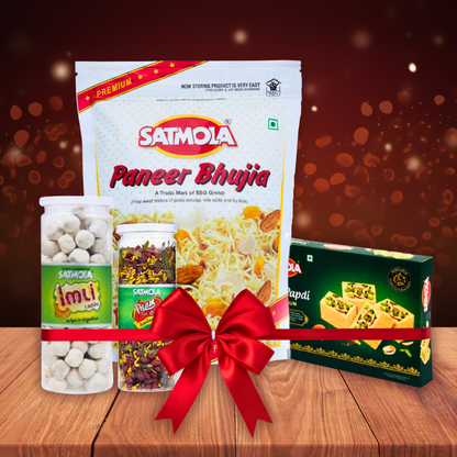SATMOLA Festive Combo - Paneer Bhujia 300g, Soan Papdi 400g, Imli Laddu 220g & Pan Mukhwas 200g