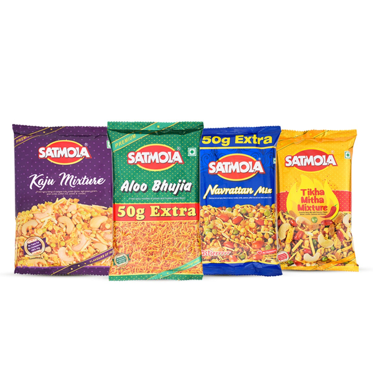 kaju MIX 200 GM, ALOO BHUJIA 200G, NAVRATTAN Mix 200G, TIKHA MEETHA MIXTURE 180 GM (Pack of 4) – Flavored Namkeen Combo
