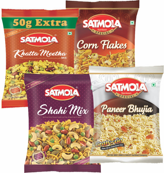 Satmola Delicious Variety: Namkeen Combo Pack - Paneer Bhujia 150g, Bikaneri Bhujia 200g + Salted Peanut 150g + Khata Metha 200g
